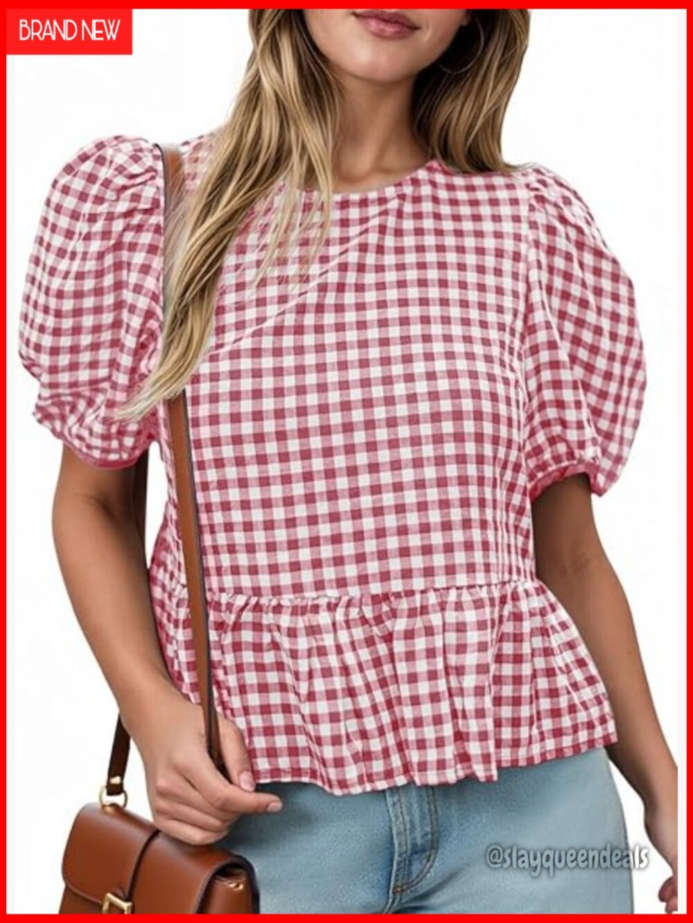 Puff Sleeve Gingham Peplum Blouse Cotton Plaid Tunic Top